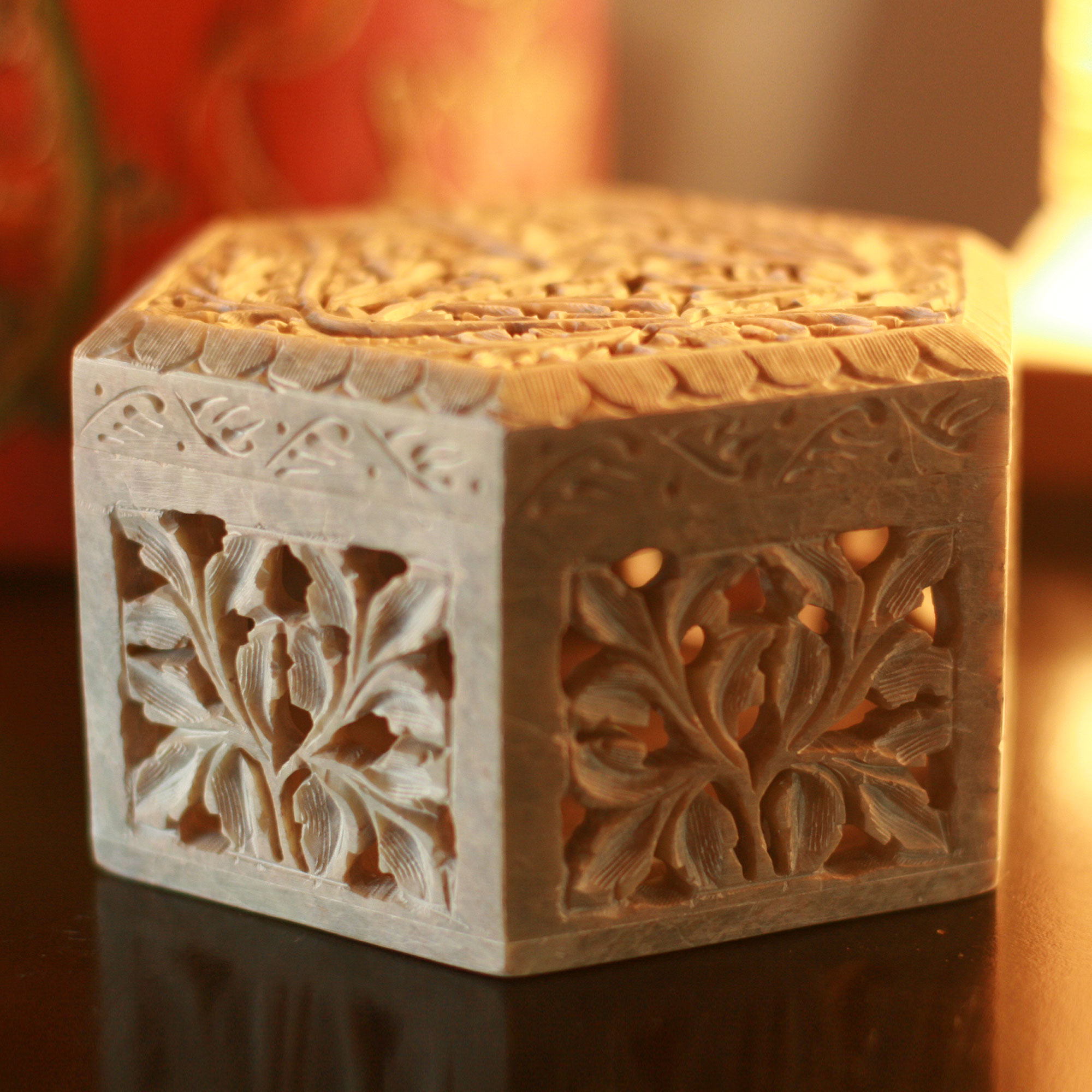 Handcrafted Jali Soapstone Jewelry Box, 'White Jasmine' home decor NOVICA India