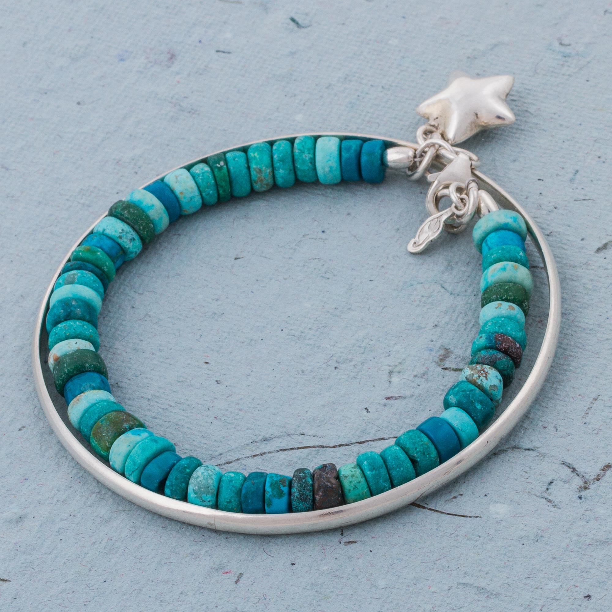 Chrysocolla beaded bangle bracelet, 'Starfish Treasure' sterling silver NOVICA Peru fair trade