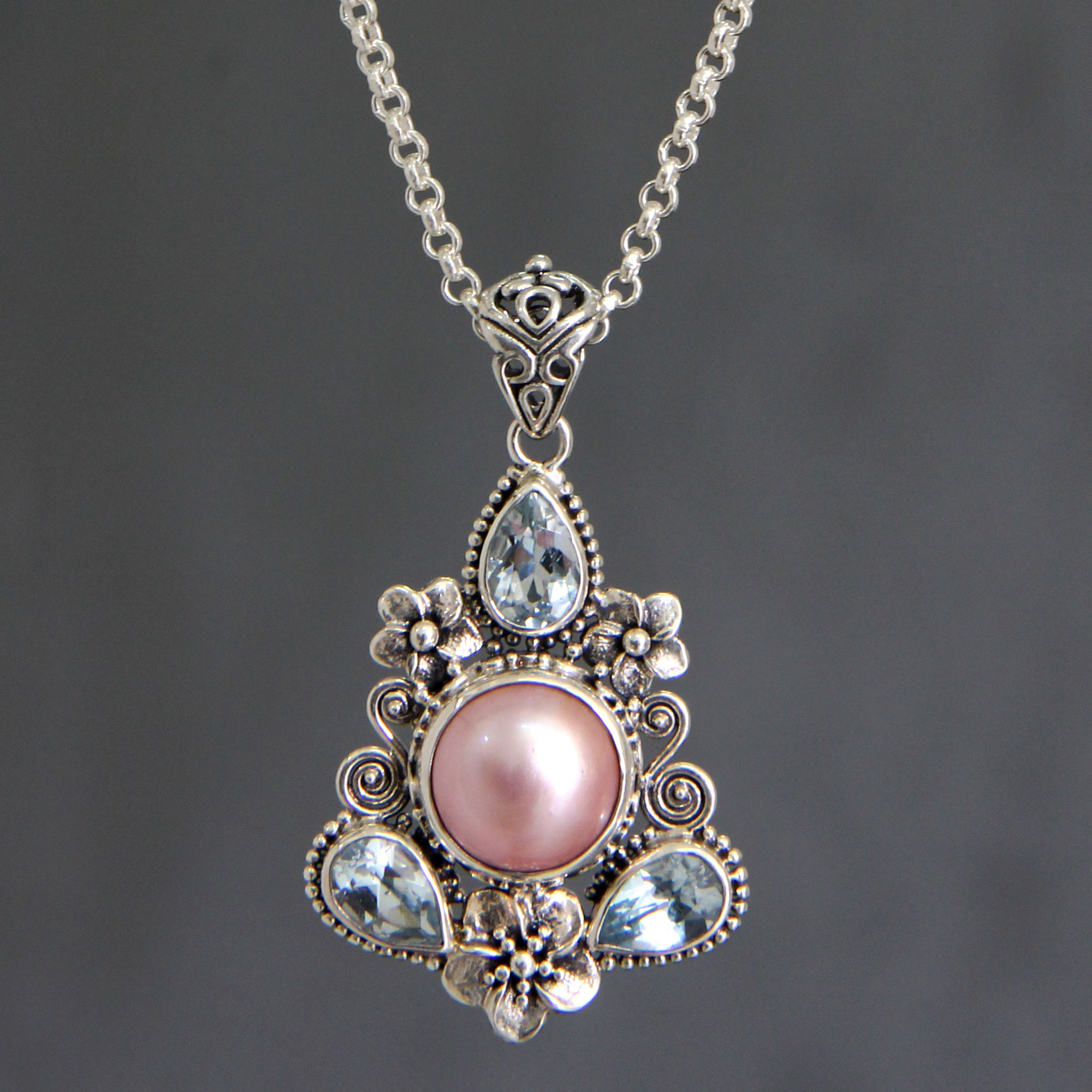 Cultured pearl and blue topaz floral necklace, 'Pink Frangipani Trio' NOVICA Indonesia
