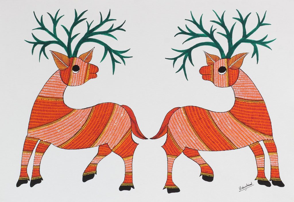 Signed Folk Gond Painting of Two Deer by an Indian Artist, 'Gift of Friendship'