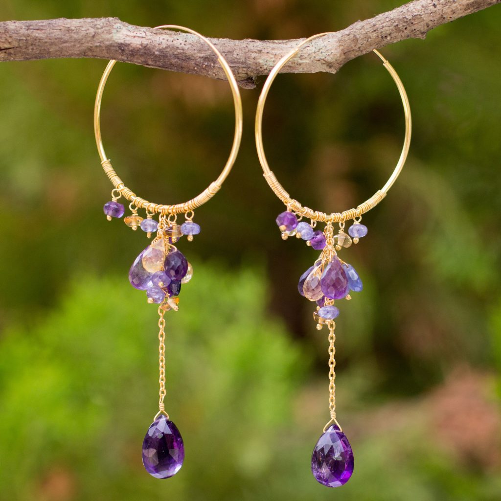 24k Gold Vermeil sterling silver Hoop Earrings with Amethyst Citrine and Tanzanite, 'Morning Pansies'