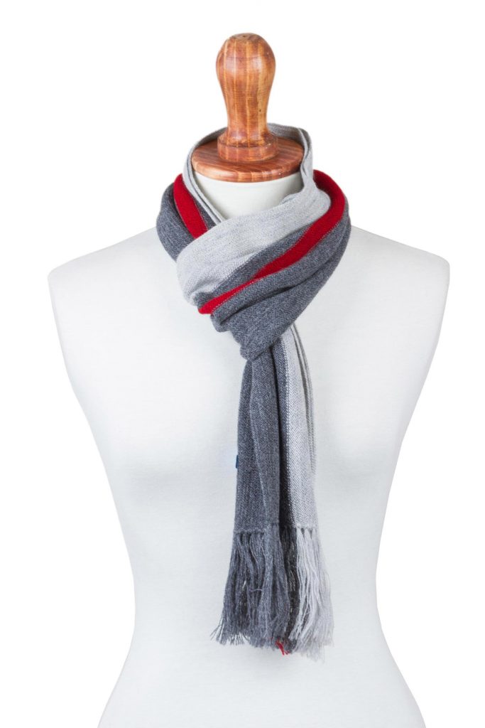Alpaca Blend Unisex Scarf in Grey and Apple Red from Peru, 'Symmetry Afire' Fair trade NOVICA