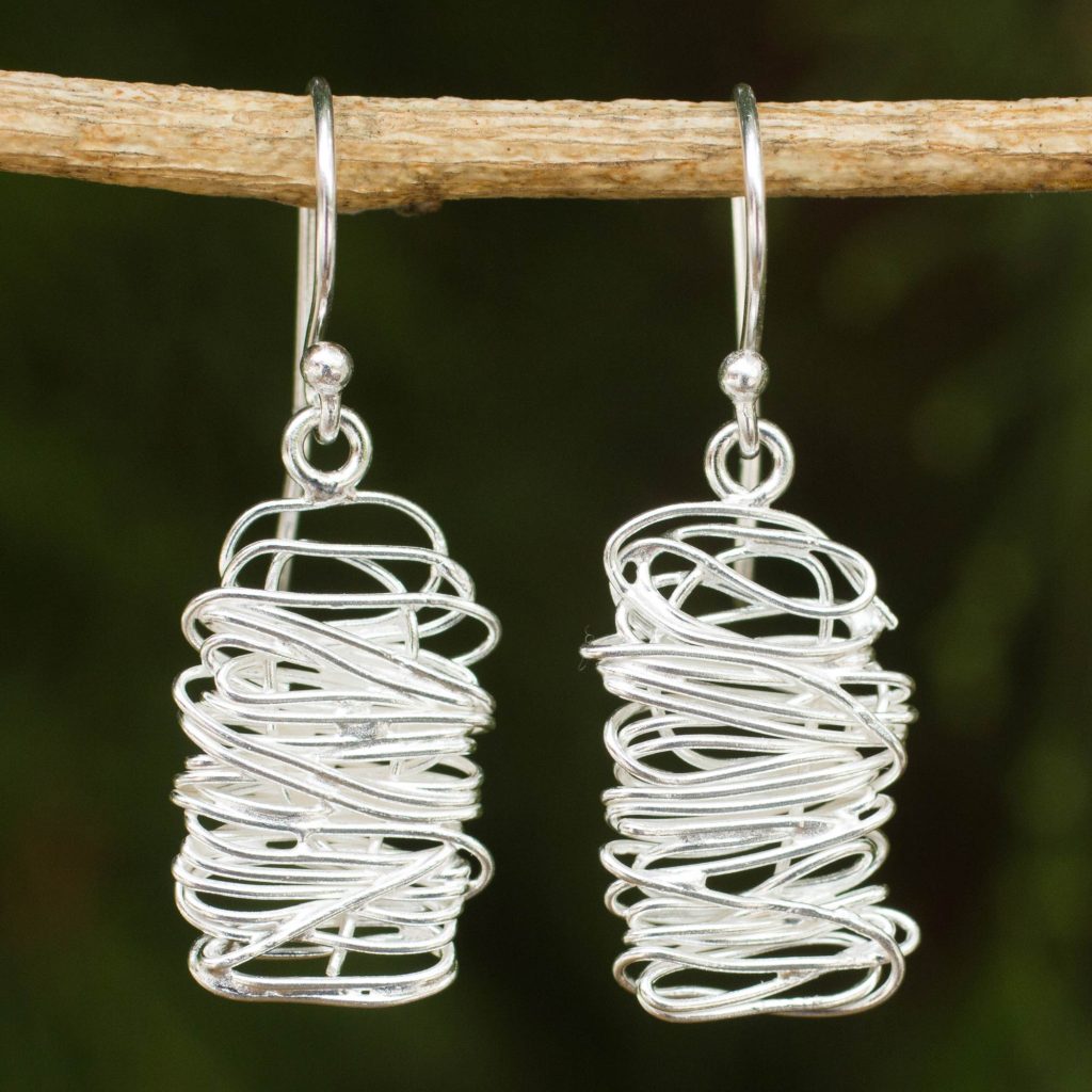 Unique Modern Design Sterling Silver Dangle Earrings, 'Scribble'