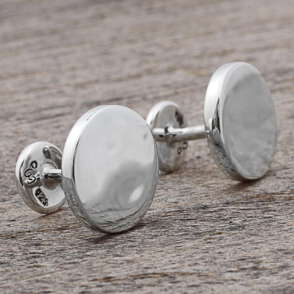 High Polish Sterling Silver Cufflinks Circular from Mexico, 'Splendid Moons'