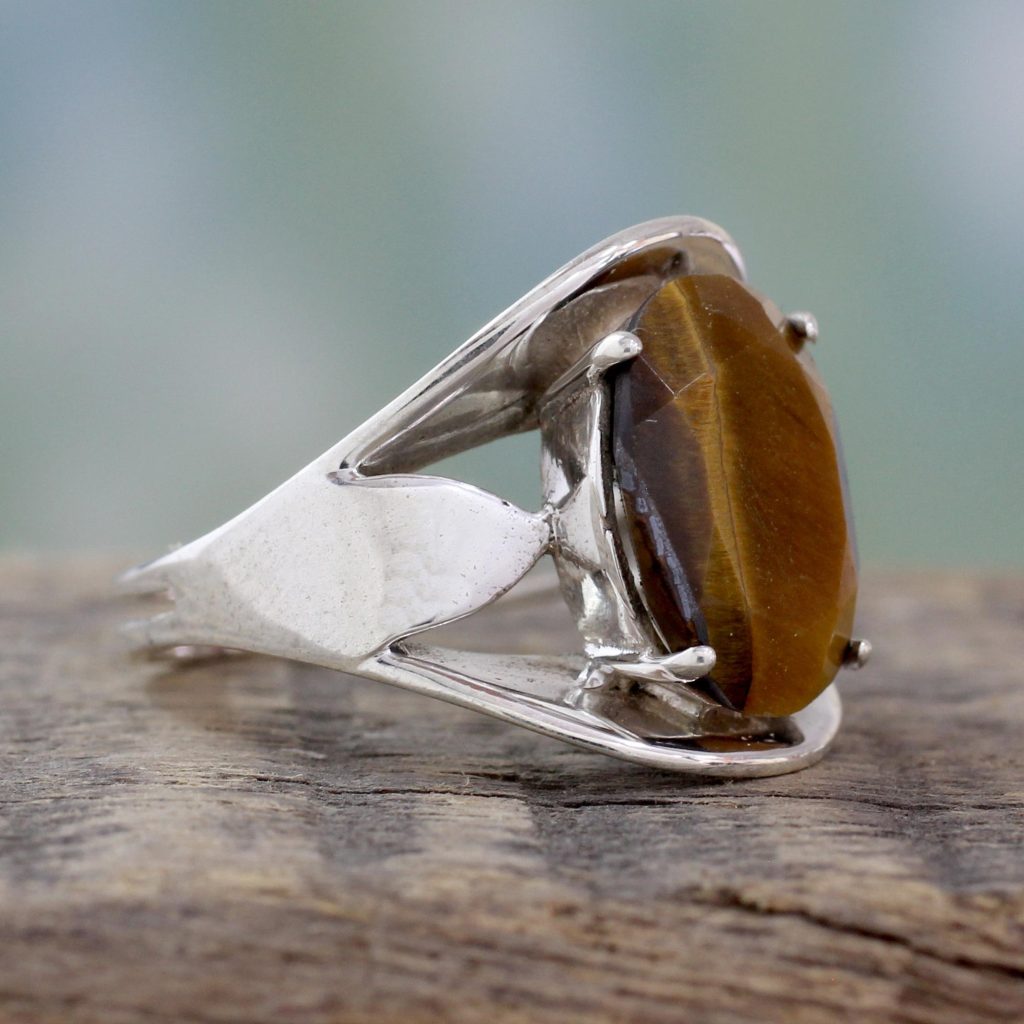 Tiger Eye Sterling Silver Solitaire Ring Artisan Crafted Jewelry, 'Glow'