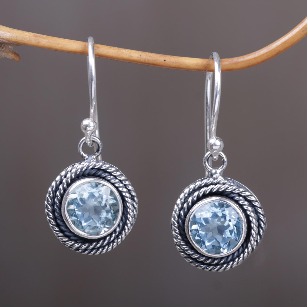 Round Blue Topaz Dangle Earrings Sterling Silver from Indonesia, 'Nest of Chains in Blue'