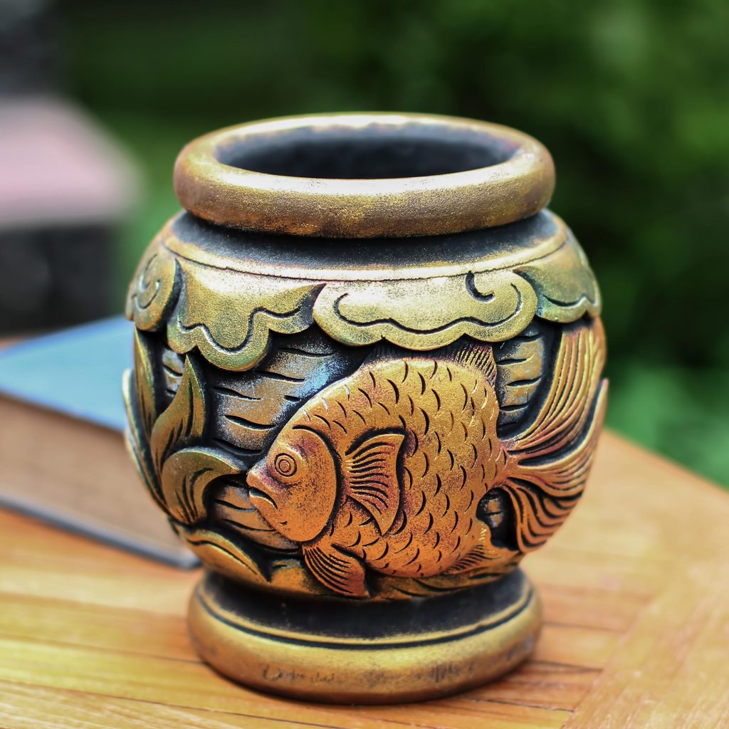 Five Inch Hand Carved Gilded Mahogany Wood Decorative Vase, 'Balinese Goldfish'