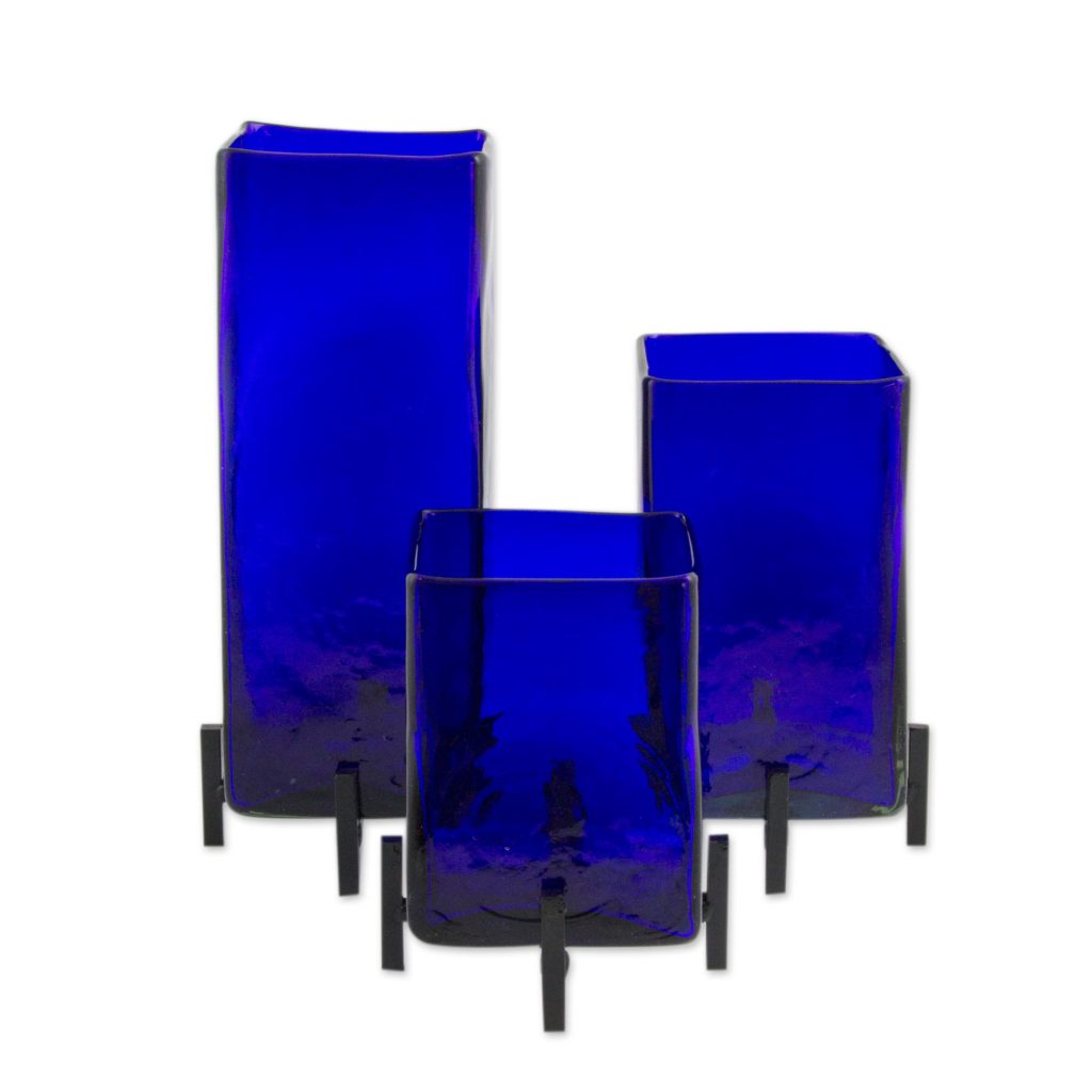 Mexican Handblown Glass Vases with Stands Set of 3, 'Blue Hurricane'