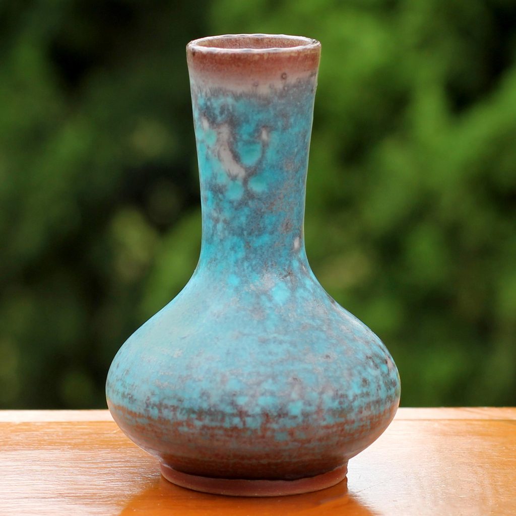 Hand Crafted Abstract Turquoise Thai Ceramic Bud Vase, 'Coral Cluster'
