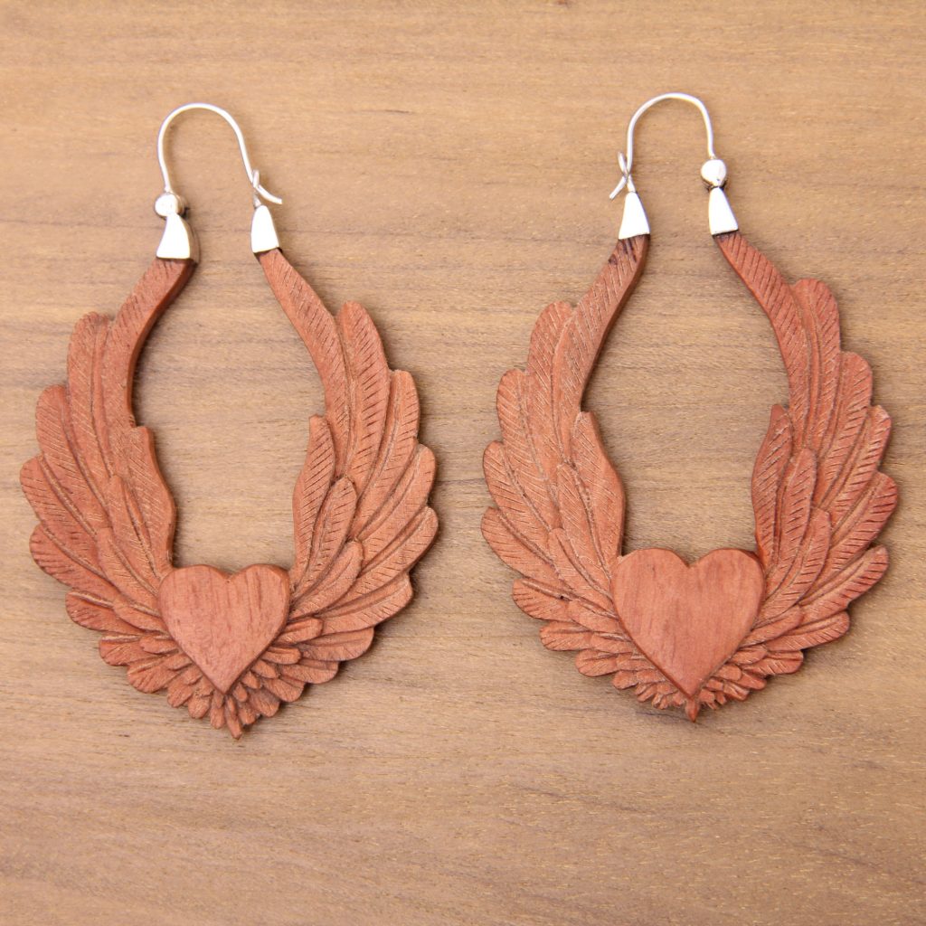 Artisan Crafted Balinese Wood and Silver Hoop Earrings, 'Angel Heart'