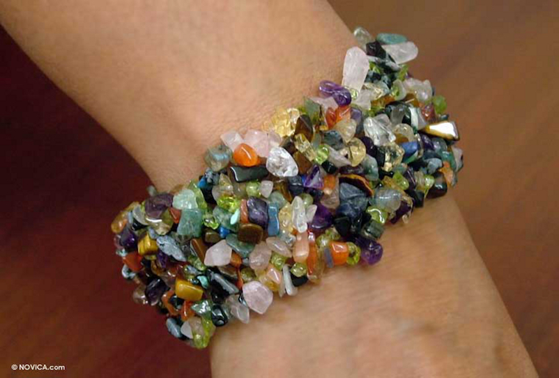 Hand Crafted Beaded Multi-gemstone Stretch Bracelet Rainbow Girl amethyst rose quartz, citrine, peridot, onyx and bright carnelian