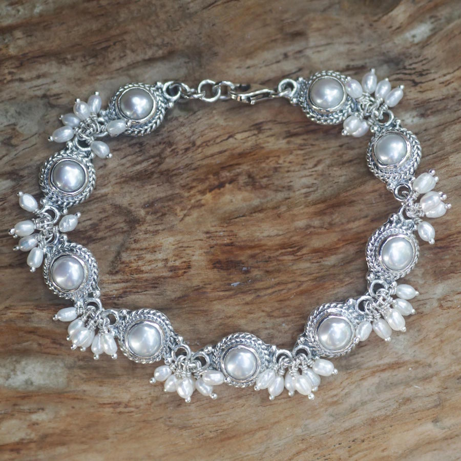 Sterling Silver Pearl Link Bracelet Moons and Shooting Stars