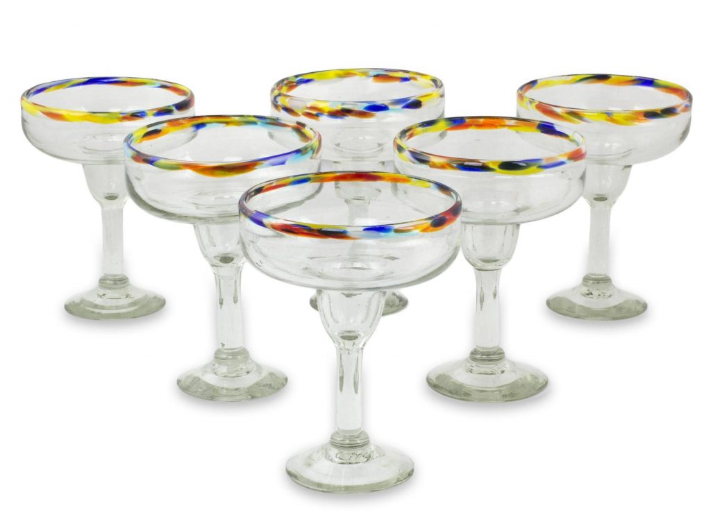 Set of 6 Artisan Crafted Blown Glass Margarita Glasses, 'Confetti Kiss' 