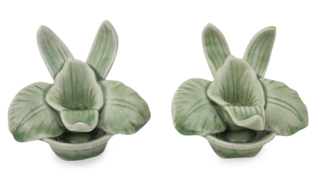 Green Celadon Ceramic Orchid Shaped Candle Holders (Pair), 'Thai Jade Orchids' 