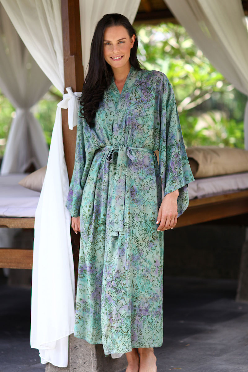 Batik robe Misty Javanese Forest hand crafted artisan made Indonesia Bali Mother's Day gift NOVICA Fair trade