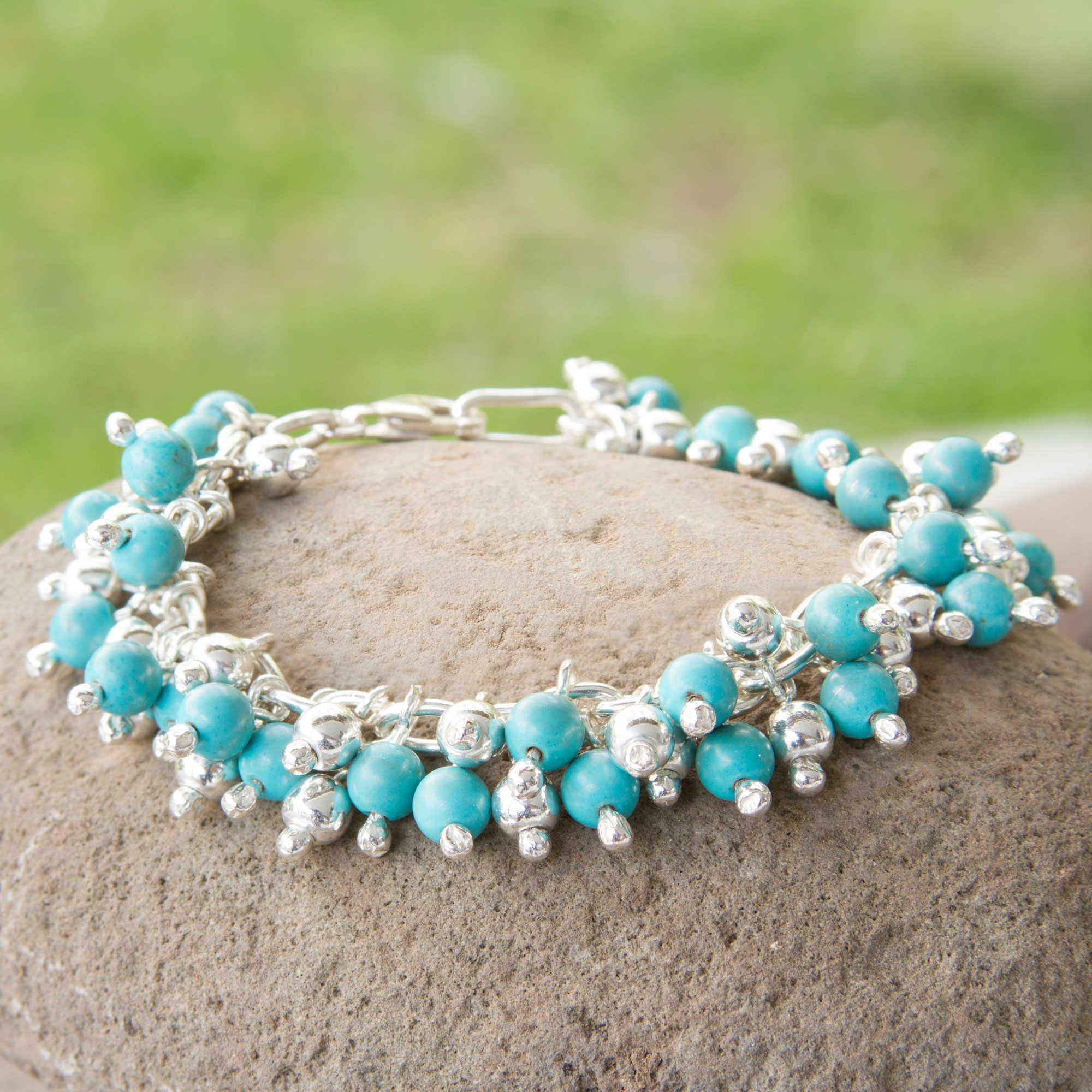 Handmade Turquoise Taxco Sterling Silver Link Bracelet, 'Blue Raindrops'