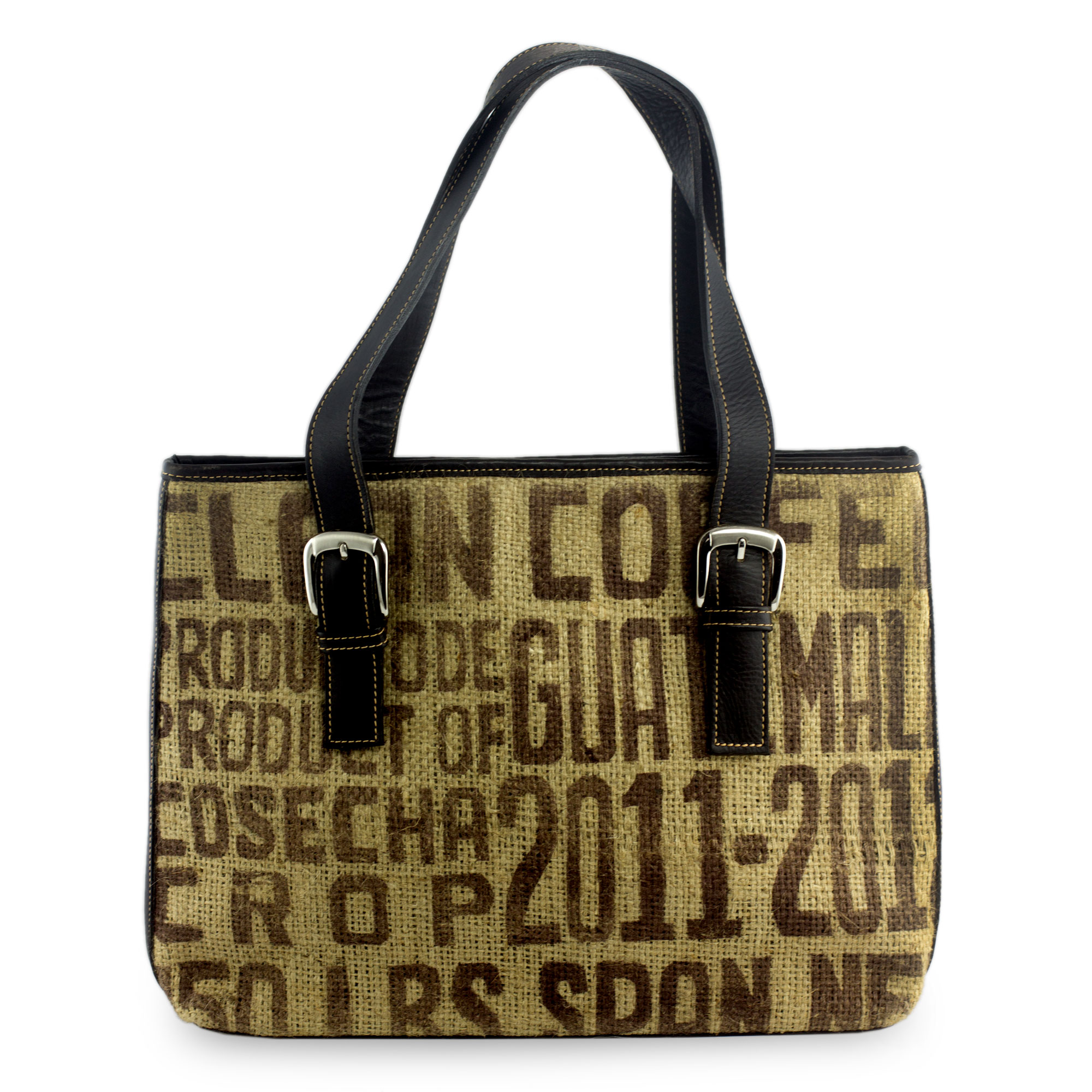 Recycled Jute and Leather Shoulder Bag from Guatemala, 'Clean Coffee'