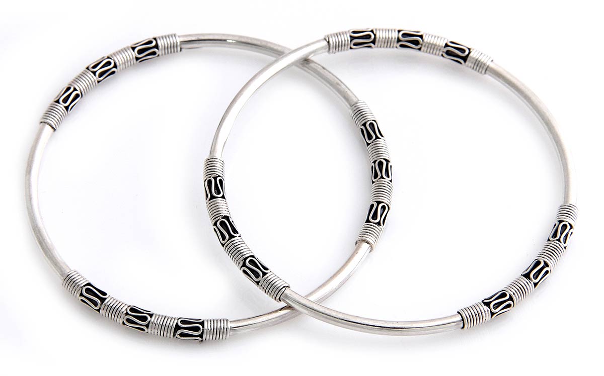 Artisan Crafted Sterling Silver Bangle Bracelets (Pair), 'Secrets' Indonesia