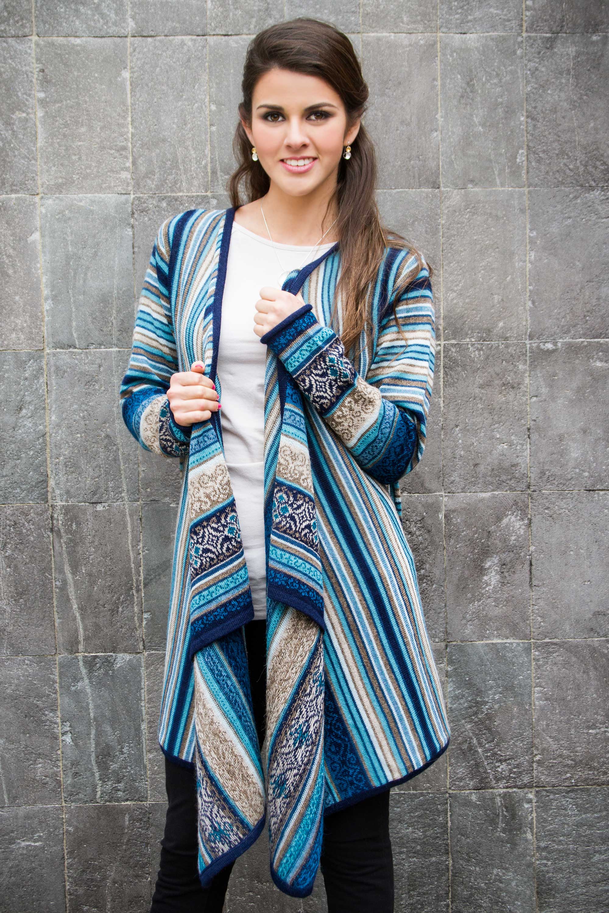 100% Alpaca Open Front Cardigan in Shades of Blue, 'Stellar Blue' gray grey NOVICA sweater