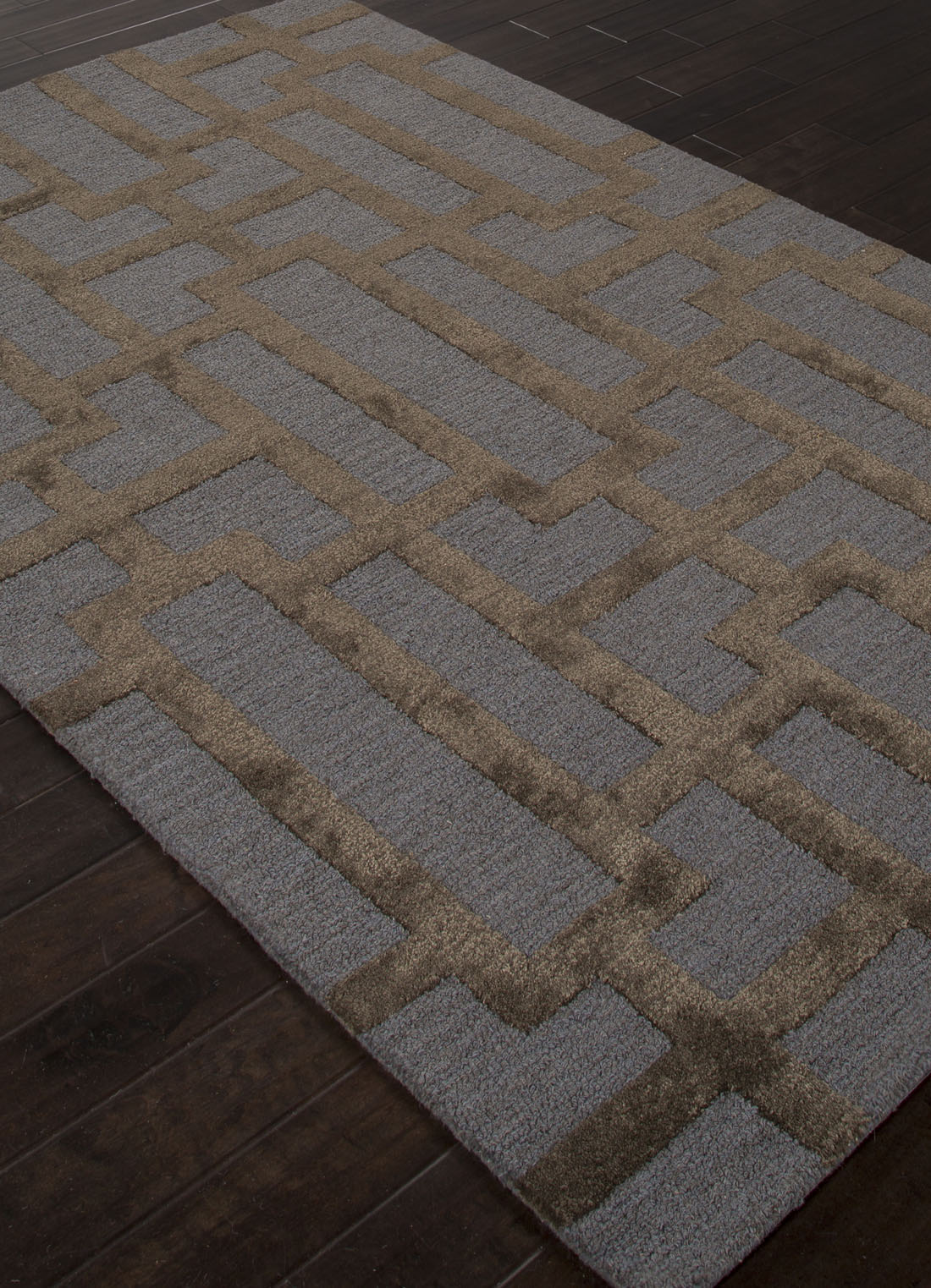 Modern geometric blue/brown wool and art silk area rug, 'Urbanite'