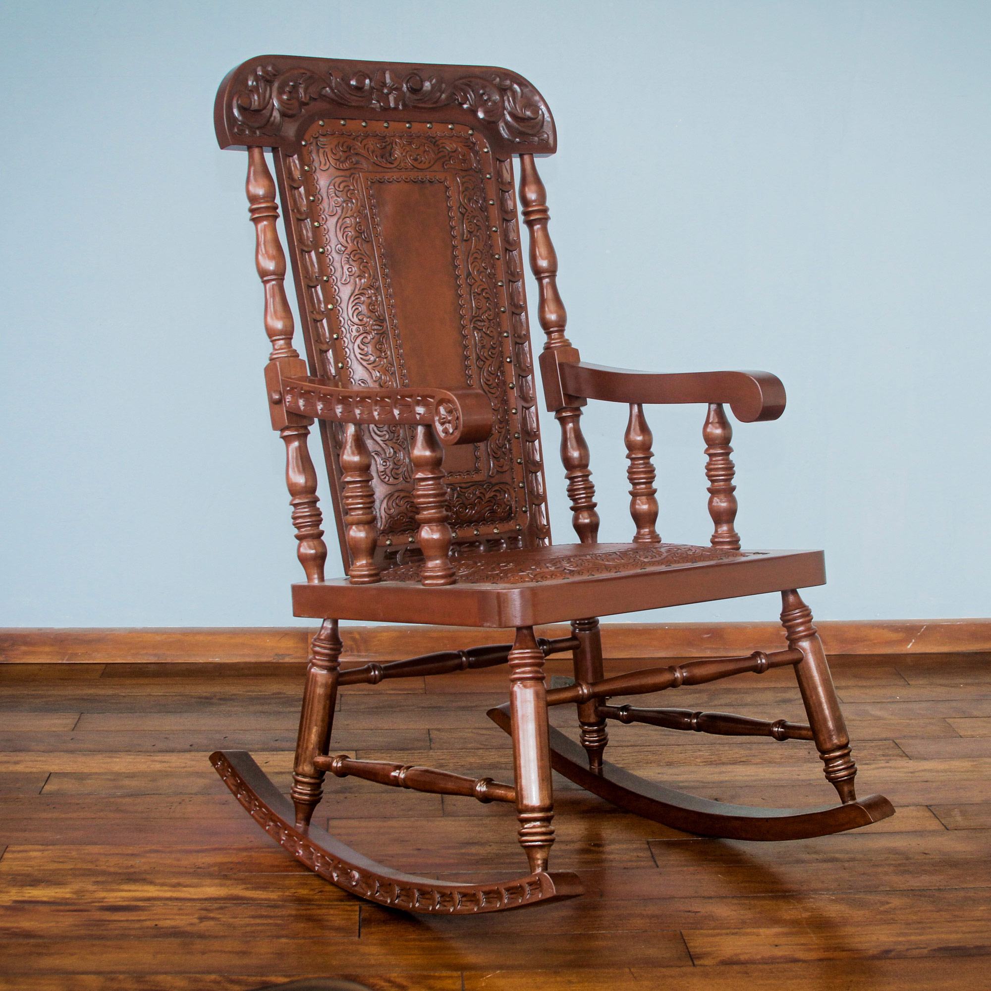Traditional Cedar and leather rocking chair, 'Nobility' hand carved wood tooled embossed leather