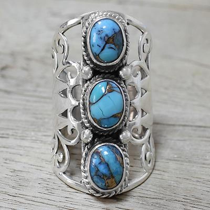  Sterling Silver and Blue Composite Turquoise Ring from India, 'Blissful Trio in Blue' Update Jewelry Collection