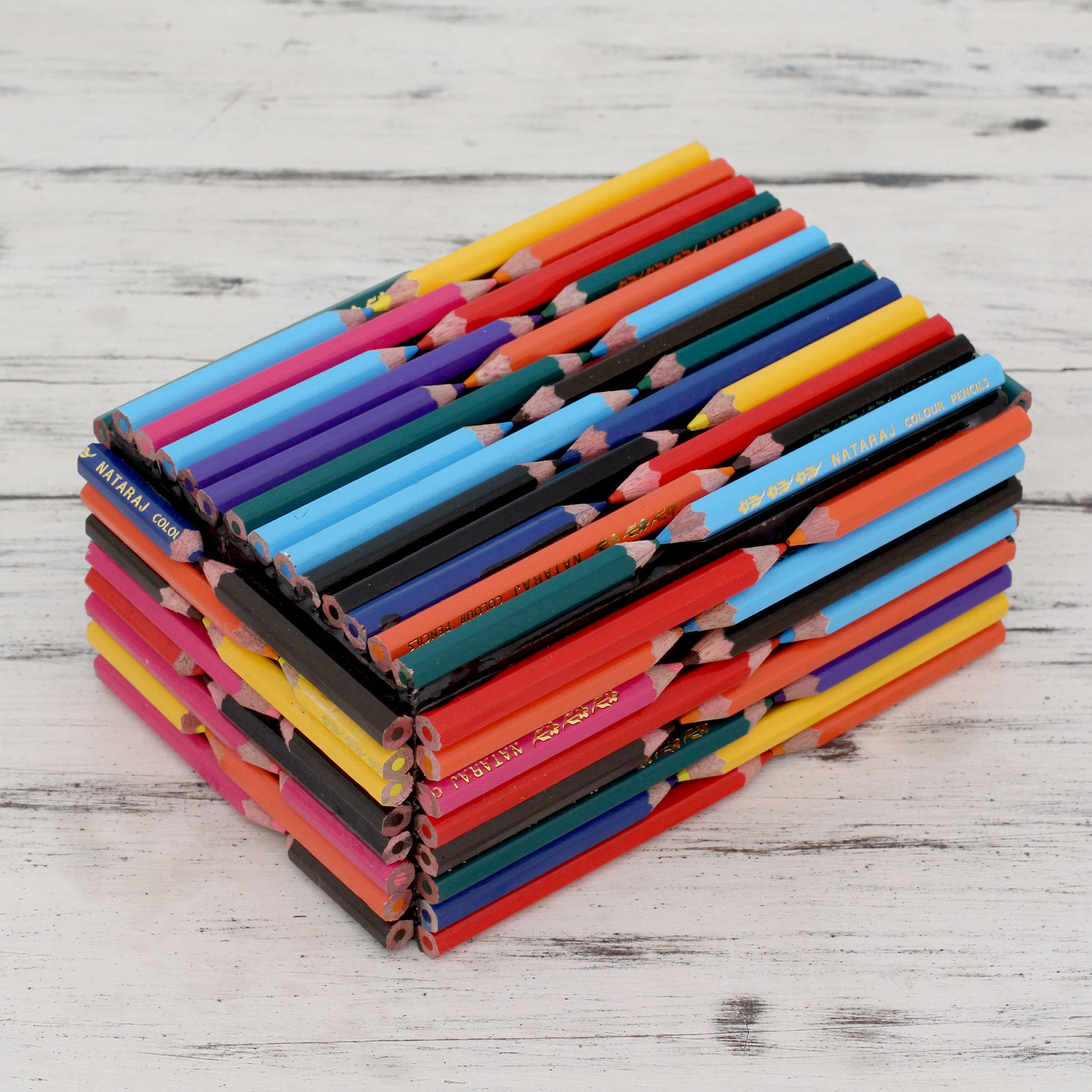Decorative Box Hand Crafted with Multi Color Pencils, 'Color the World' Artistic Gifts for Teachers