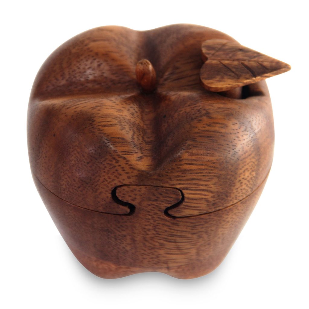 Hand Carved Wood Apple Puzzle Box, 'Forbidden Fruit' Artistic Gifts for Teachers