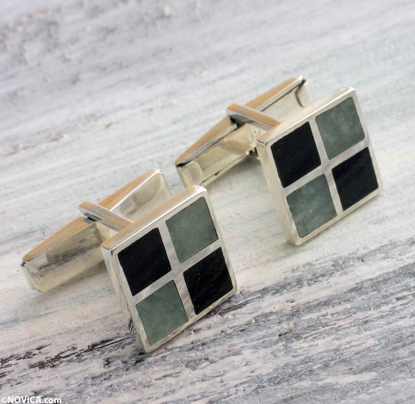 Handcrafted Jade Inlay Cufflinks, 'Royal Maya' sterling silver square artisan-made