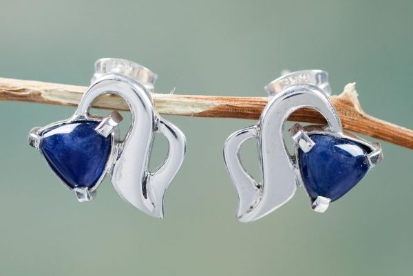 Graceful Handcrafted Sterling Silver Earrings with Sodalite, 'Blossoming Vine'