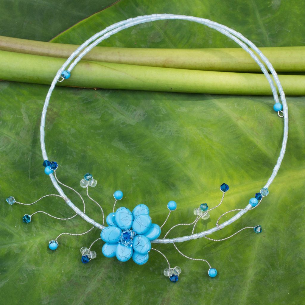 Handmade Thai Floral Necklace, 'Blue Beauty' NOVICA Fair Trade Choker Necklaces quartz calcite crystal Japanese glass 