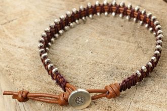 Florid Silver Beads on Hand Crafted Brown Leather Bracelet, Hill Tribe Bouquet
