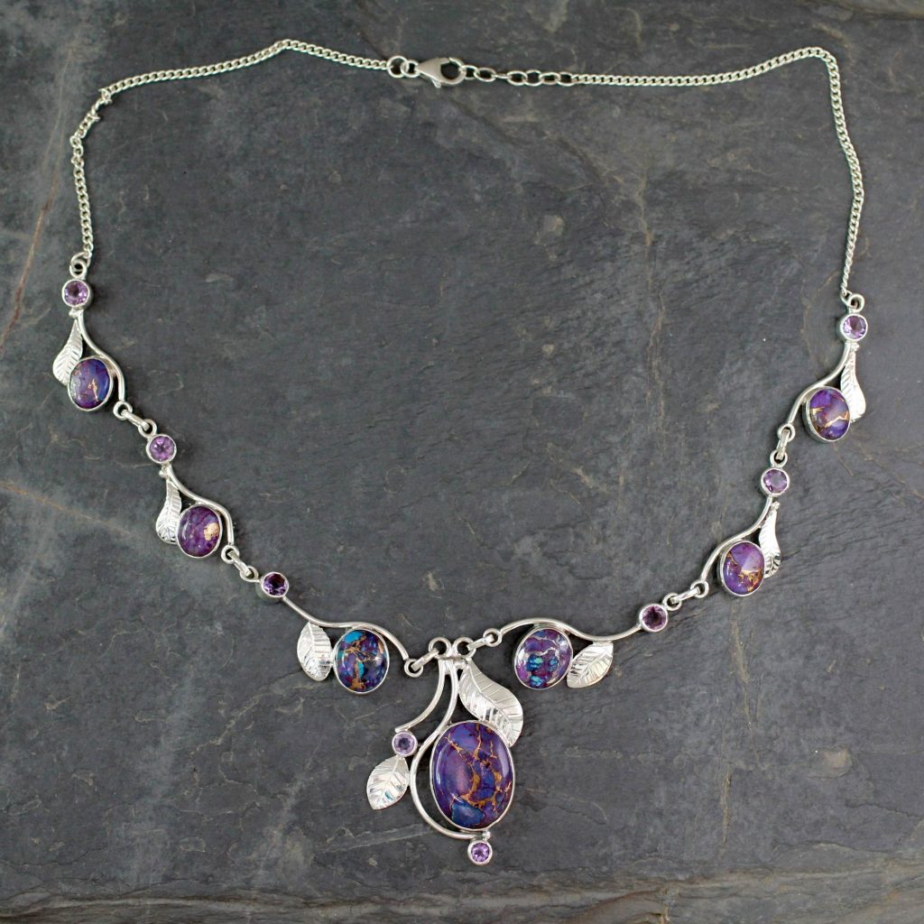 Purple Turquoise and Amethyst Handmade Necklace from India, 'Dew Blossom'