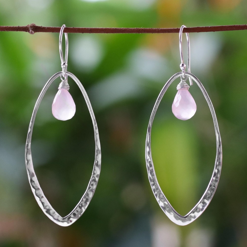 Artisan Crafted Rose Quartz and Silver Dangle Earrings, 'Lily Dew' Rose Quartz jewely