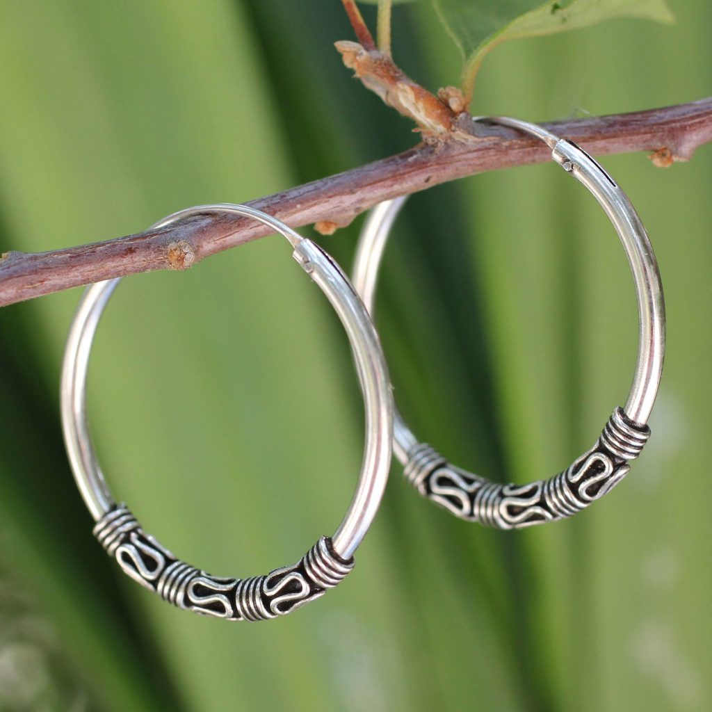 Fair Trade Sterling Silver Hoop Earrings, 'Traditional Thai' Update Jewelry Collection