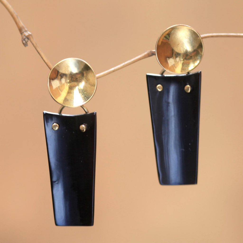  Modern Horn and Brass Dangle Earrings, 'Midnight Sun' Update Jewelry Collection