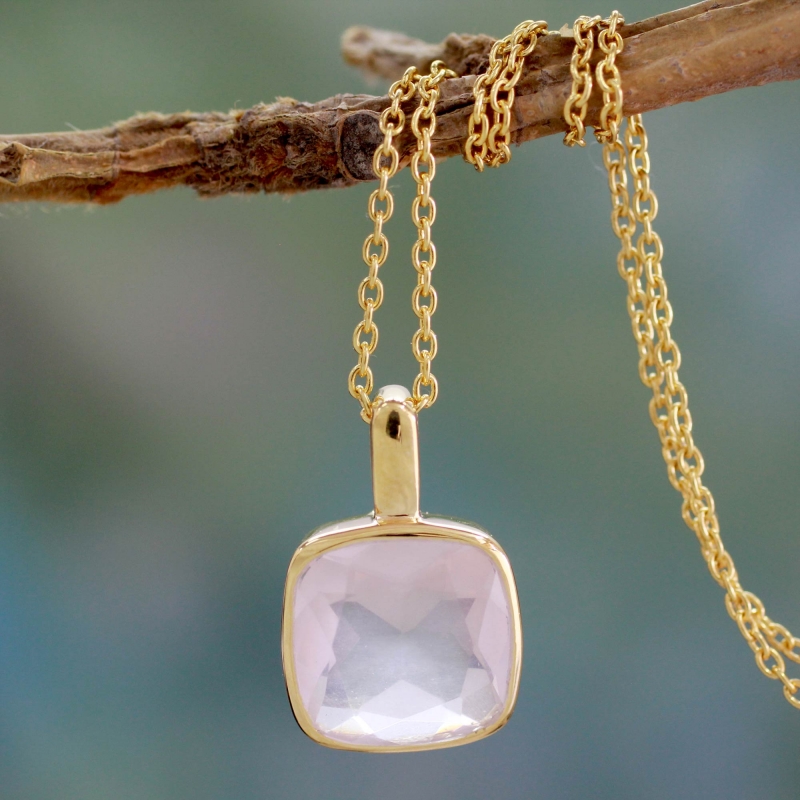 Hand Made Gold Vermeil Faceted Rose Quartz Necklace, 'Modern Charm'