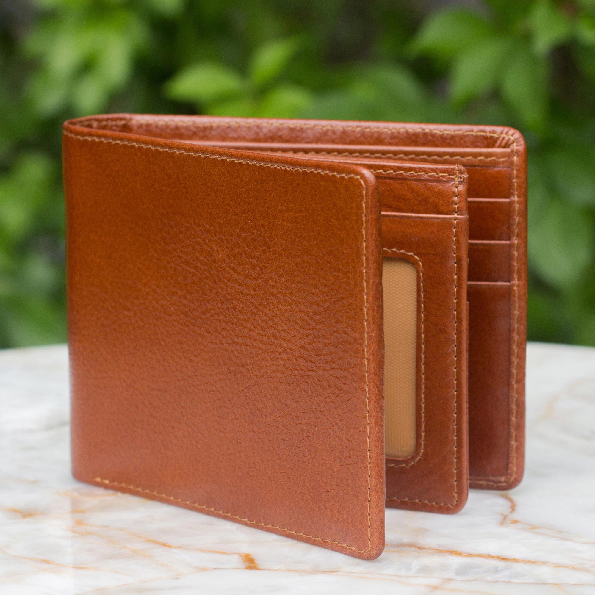 Men's leather wallet, 'Brown Minimalist' trifold handcrafted tooled caramel brown leather