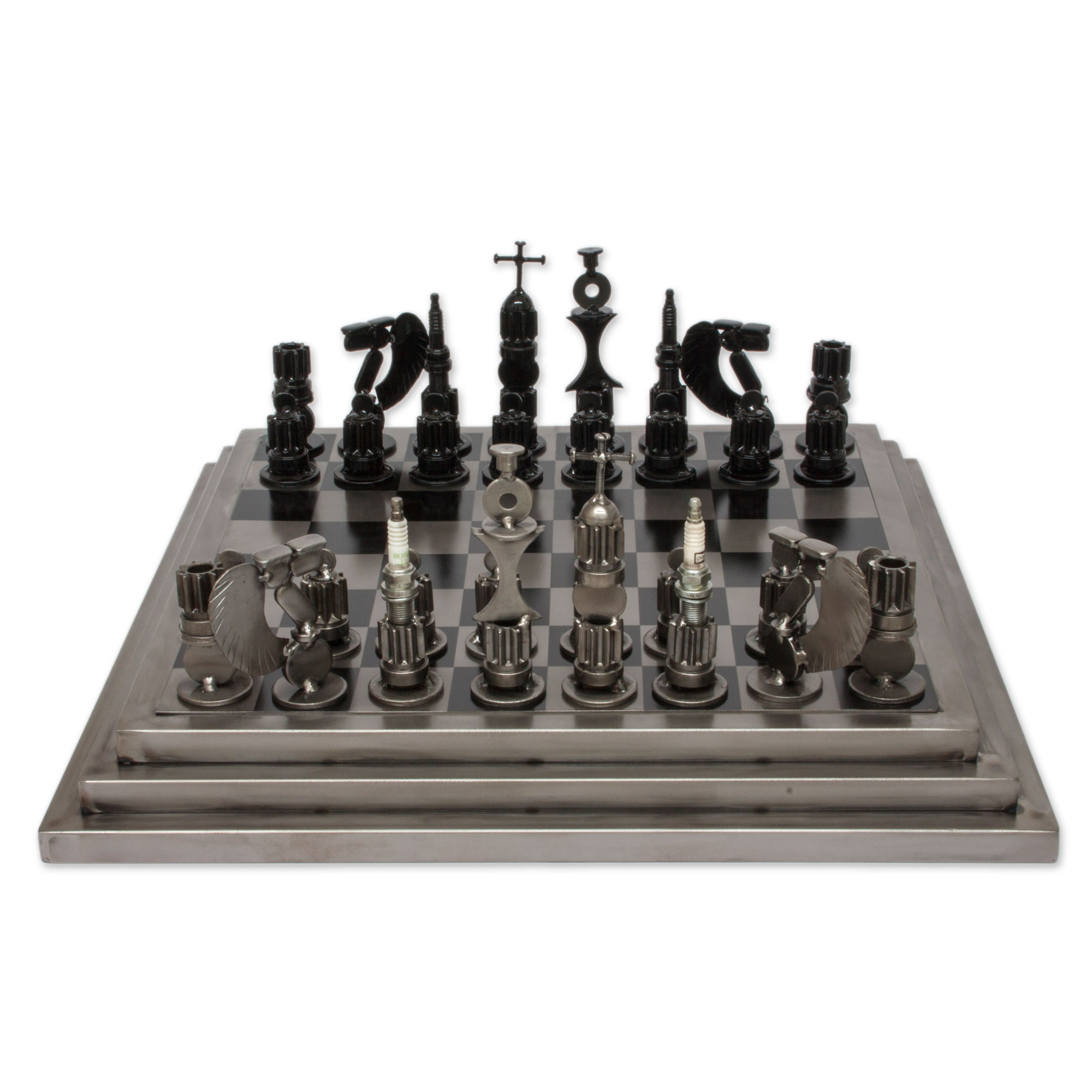 Upcycled auto part chess set, 'Rustic Warriors'