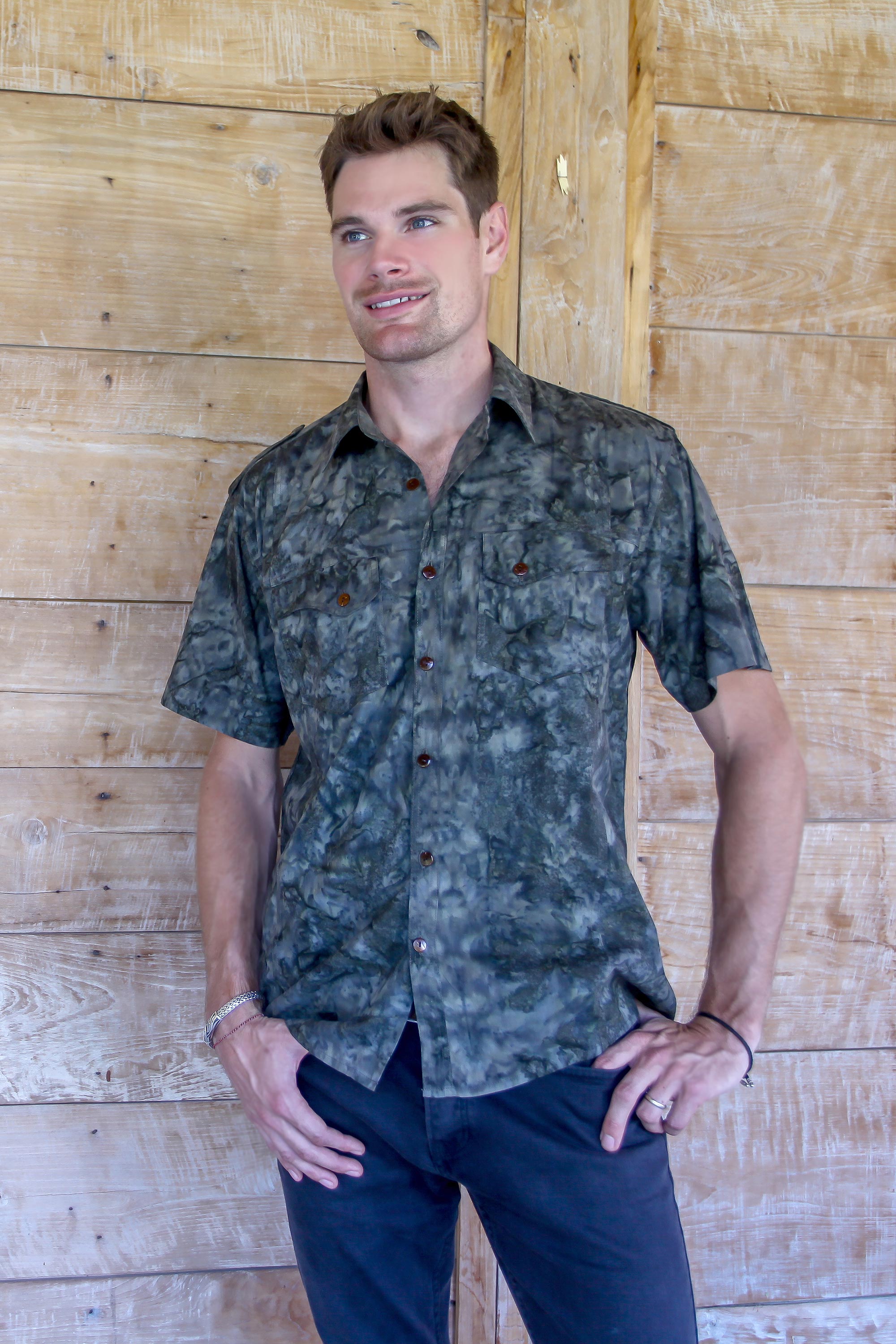 Men's cotton shirt, 'Military Olive' NOVICA Handcrafted clothing