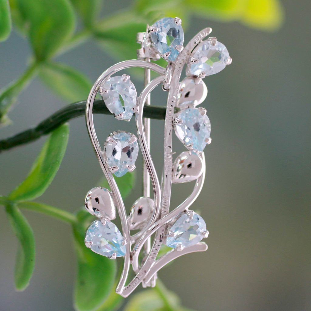 Blue topaz floral brooch pin, 'Sky Bouquet'