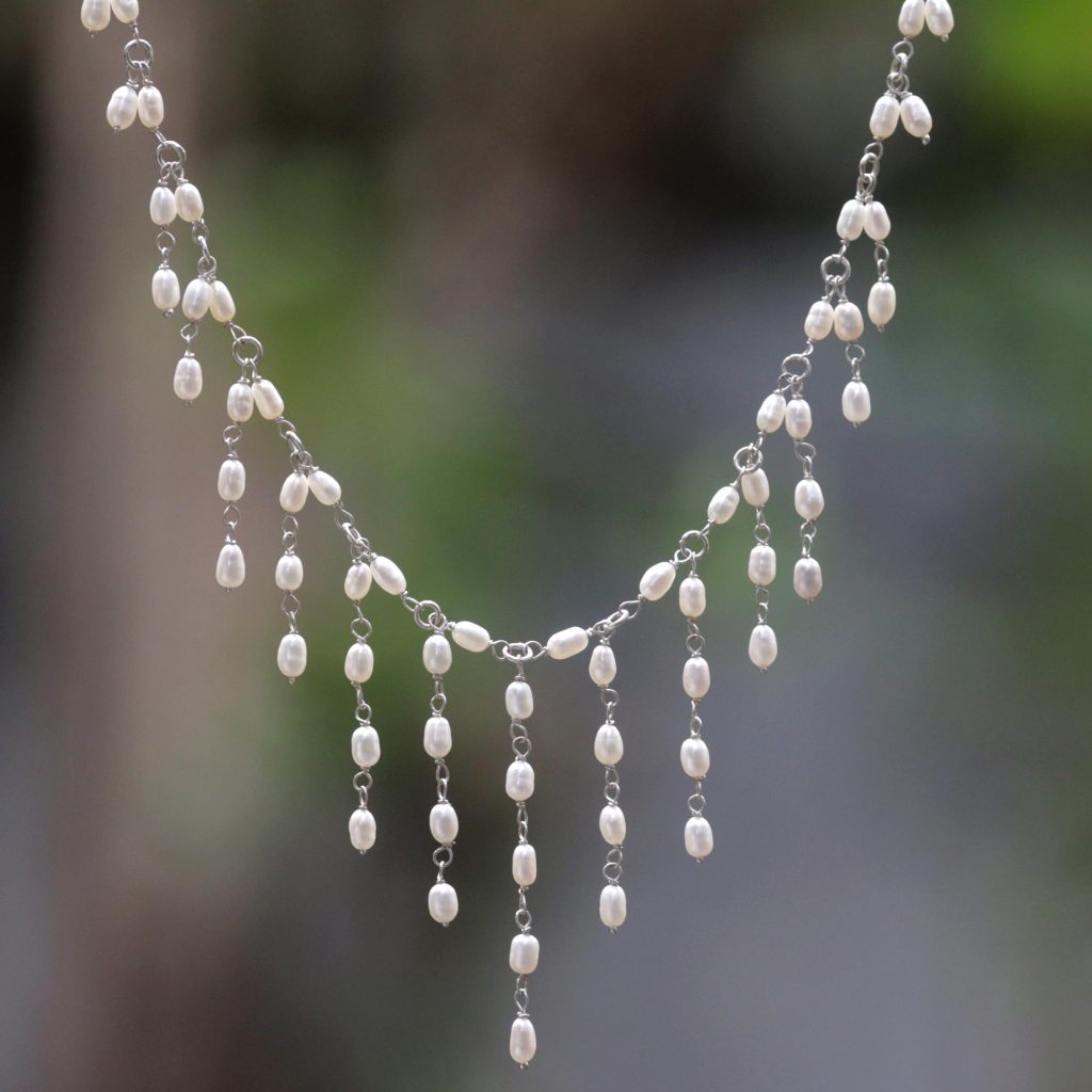 Cultured Pearl Sterling Silver Waterfall Necklace from Indonesia, 'Elegant Princess' Beaded necklace Fair Trade NOVICA