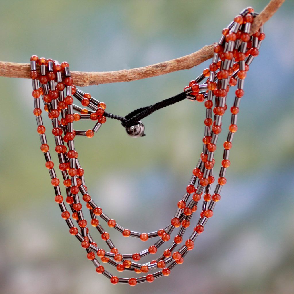 Handcrafted Carnelian and Hematite Necklace Beaded Jewelry, 'Spark of Boldness'