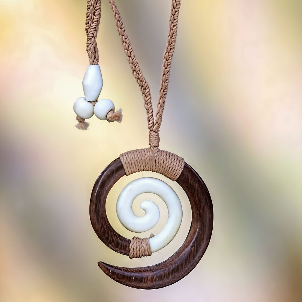 Hand Carved Wood and Bone Macrame Necklace, 'Hypnotic Borneo'