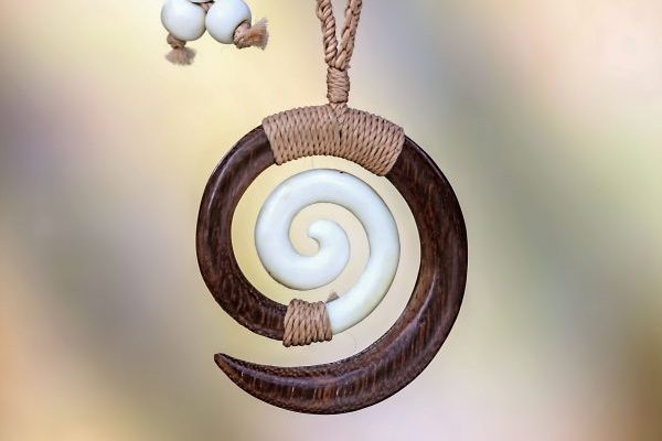 Hand Carved Wood and Bone Macrame Necklace, 'Hypnotic Borneo'