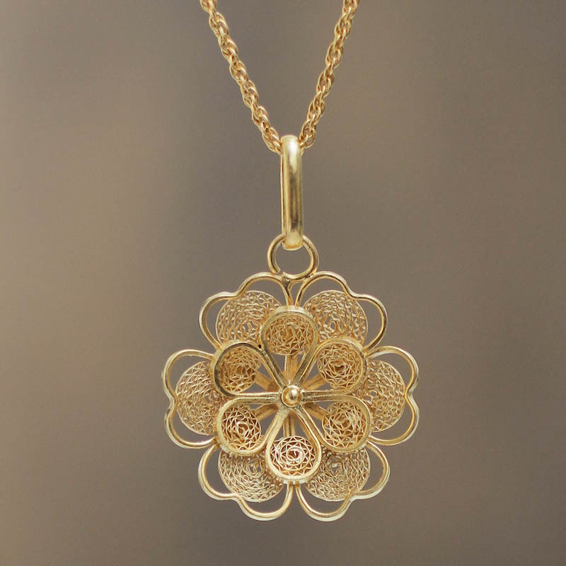 Gold plated filigree flower necklace Yellow Rose wedding day jewelry