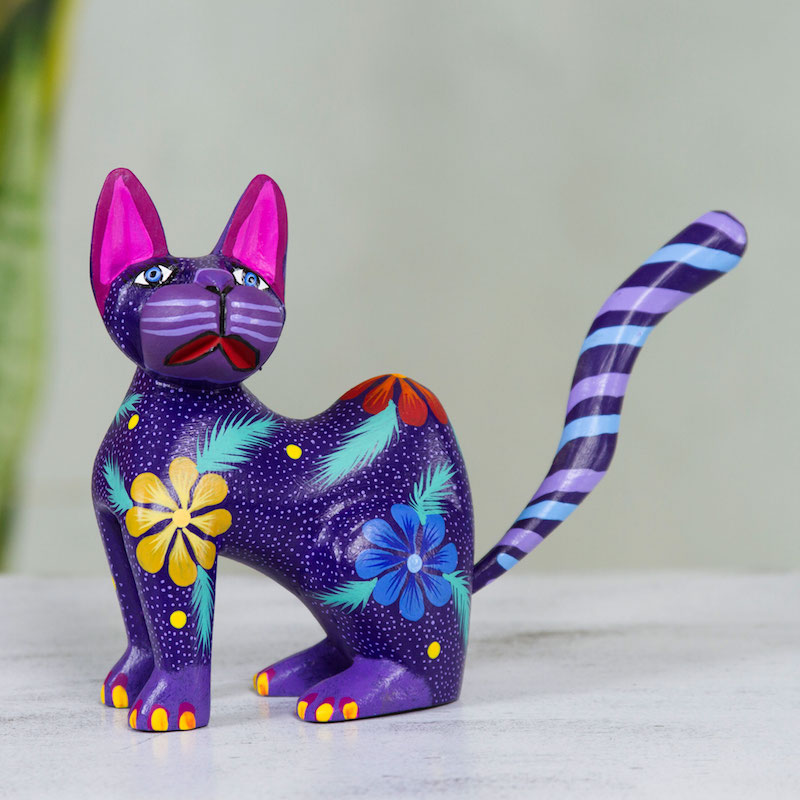 Hand Crafted Purple Wood Kittycat Folk Art Sculpture Springtime Cat Figurine Statuette Right sculpture for your home