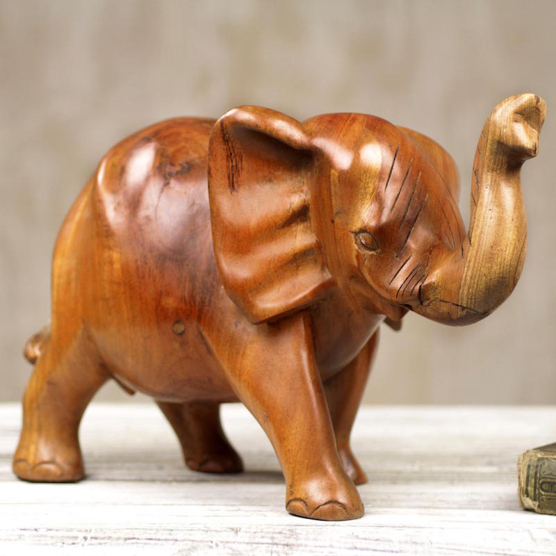 Handmade Wooden Elephant Sculpture from Ghana Cheerful Statuette Figurine Elephant Right Sculpture for your home