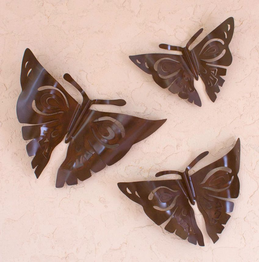 Handmade Modern Steel Wall Sculptures Mexico (Set of 3), 'Aztec Butterflies' Perfect Sculpture for Home