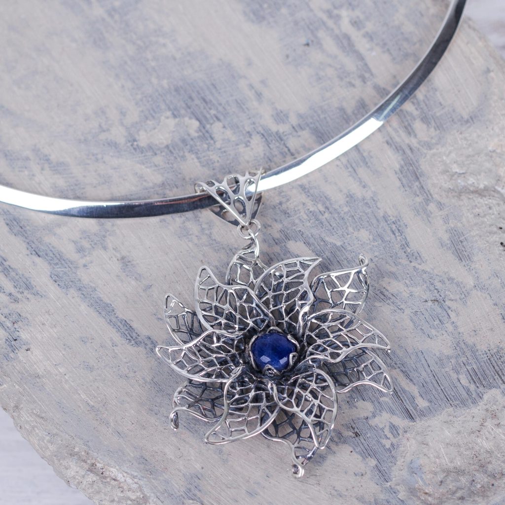 Sodalite Floral Choker Necklace in Andean Sterling Silver, 'Blue Lace Jasmine'